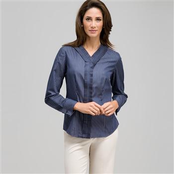Striped Pleated Ruffle Front Shirt, , large
