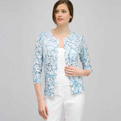 3/4 Sleeve Button Front Crew Neck Cardigan., Multi, medium