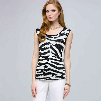 Sequined Animal Print Shell., Black & White, medium